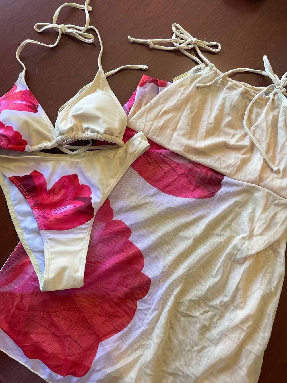 Cream and Pink Floral Bikini Set with Cover-Up